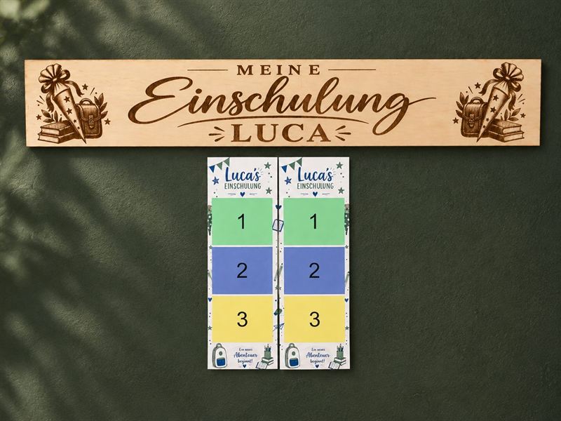 Gravierte Holzleiste „Meine Einschulung Luca“ mit zwei Fotostreifen im Einschulungs-Design